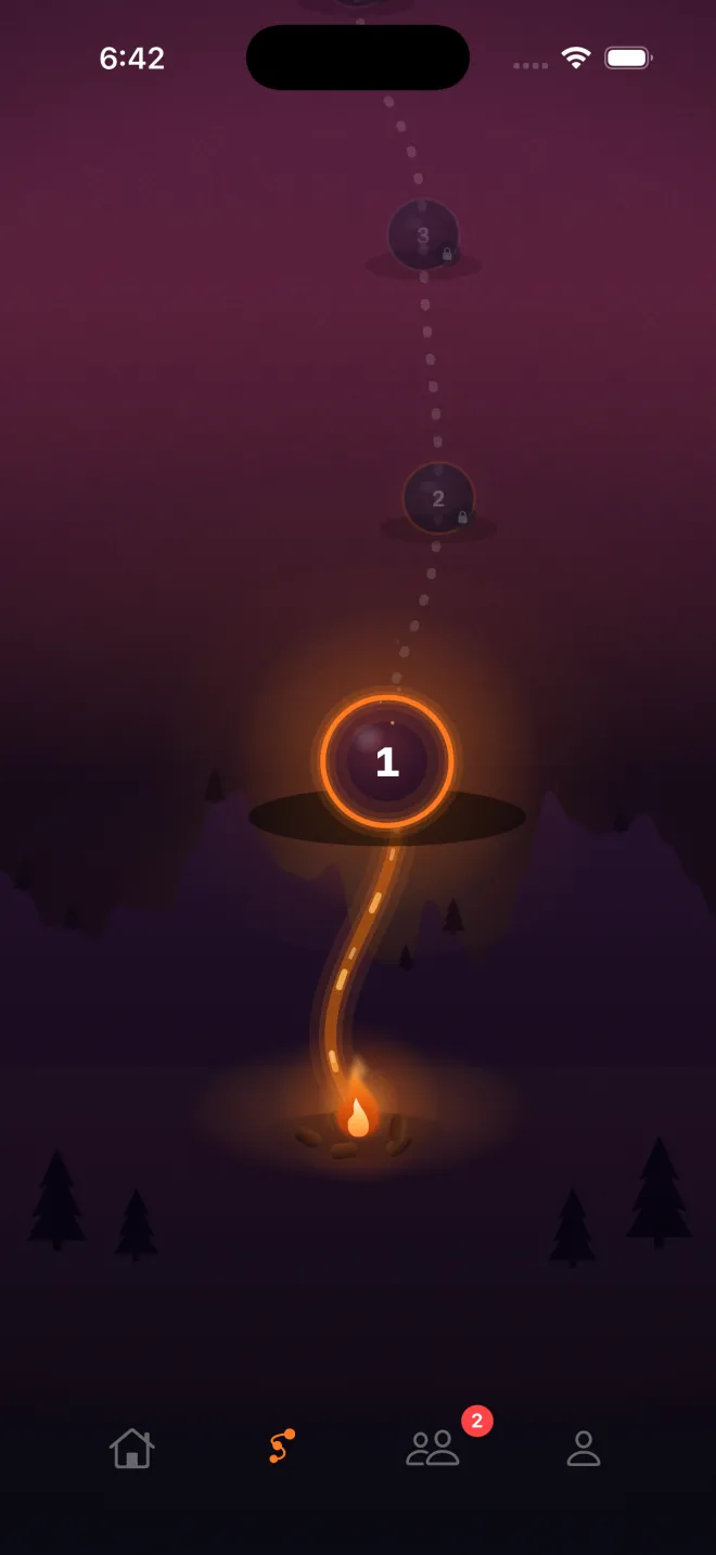 PassFit circuit trail map: a purple dusk mountainside, a campfire at the trailhead, and a glowing orange trail climbing through numbered level camps toward the summit