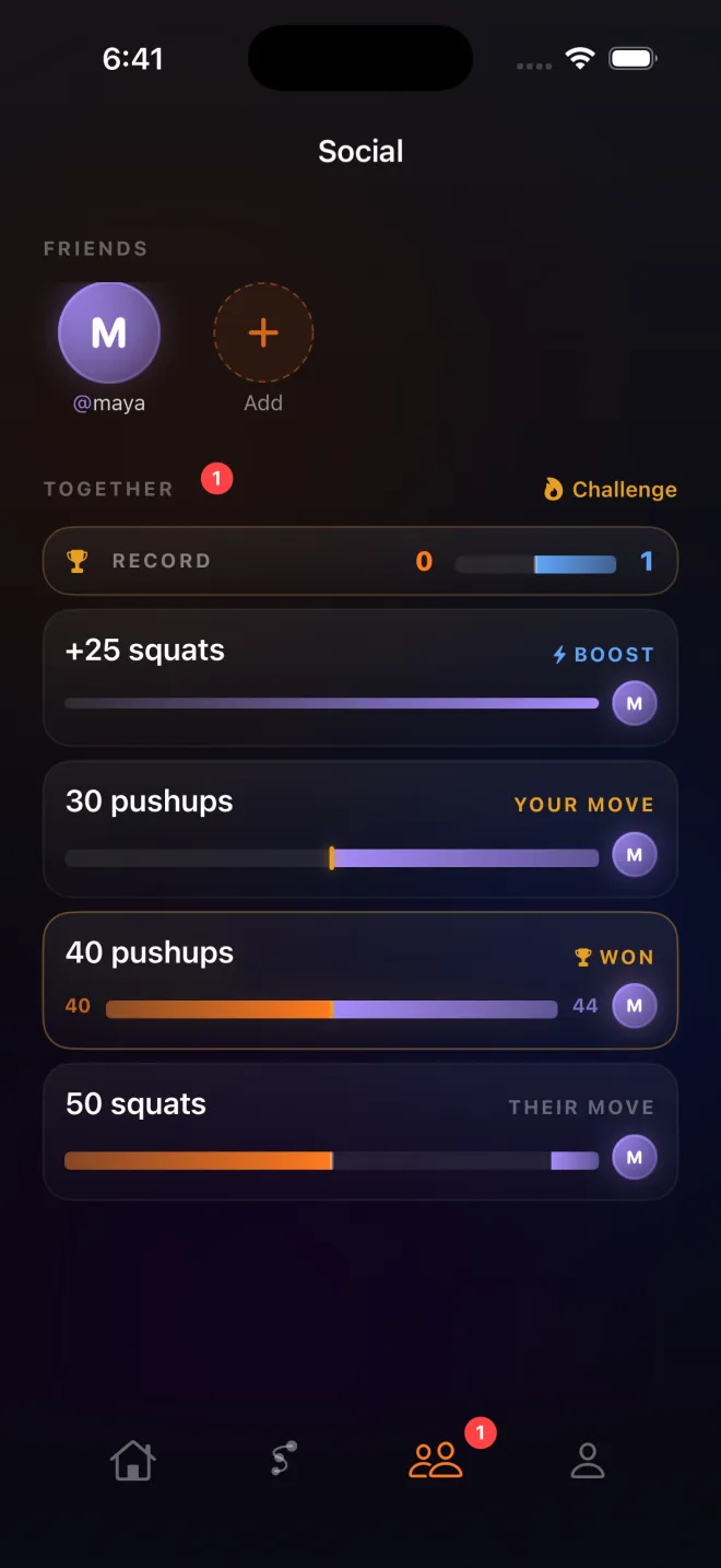 PassFit social screen: friends by @username, a head-to-head record bar, and live challenges marked your move, their move, and won