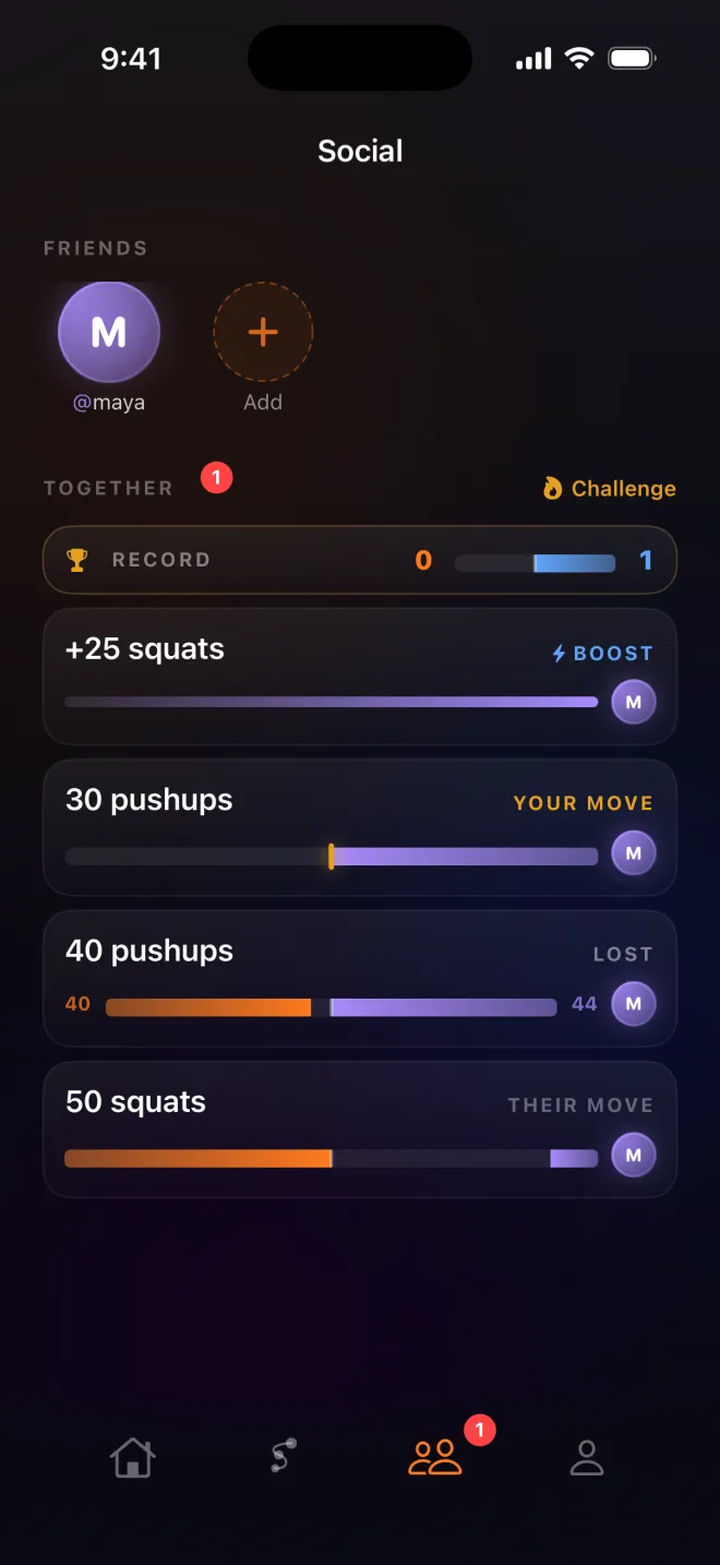 PassFit social screen: friends by @username, a head-to-head record bar, a boost, and challenges marked your move, lost, and their move